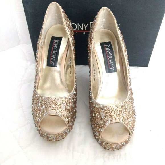 Tony Bowls Prom Formal Pageant Bridal Wedding Shoes Heels Size 7 Gold Bling - Picture 7 of 10